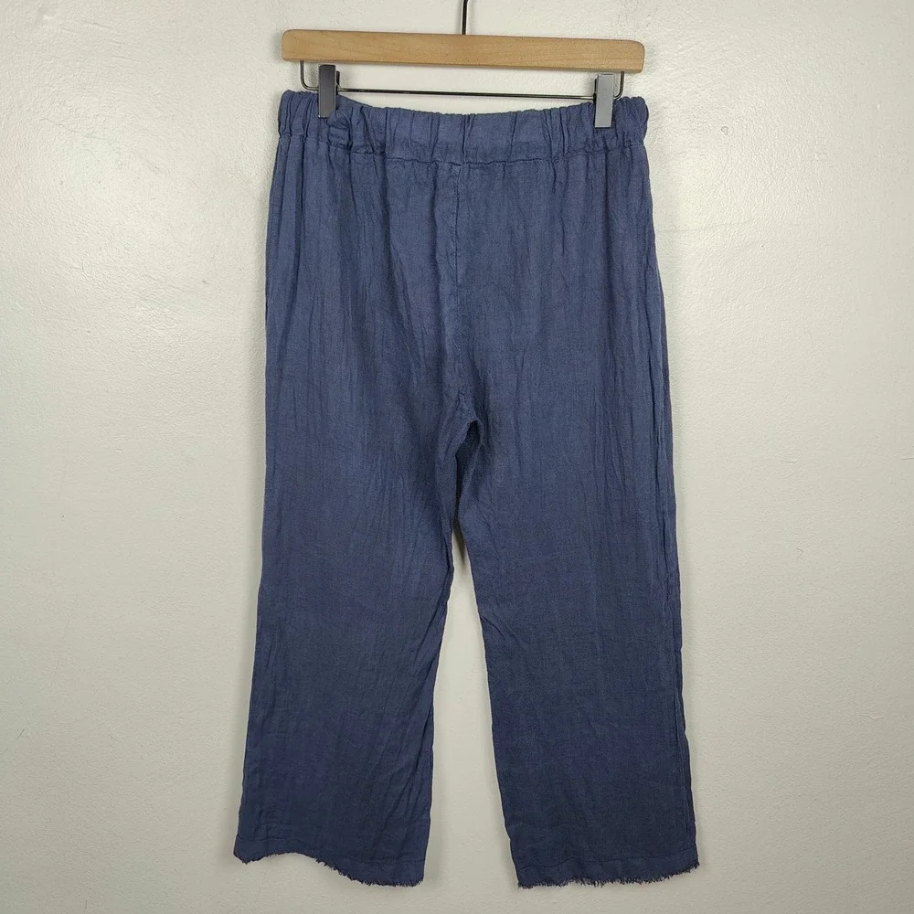 Meo‎ Meo Linen Wide Leg Pants Womens One Size Cropped Raw Hem Navy Blue Beachy - Picture 5 of 8
